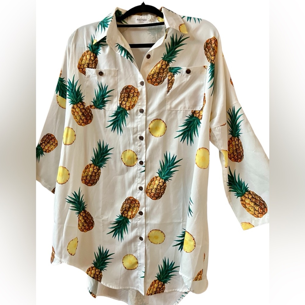 Tropical Pineapple Print Women's Button Down Shirt size L+